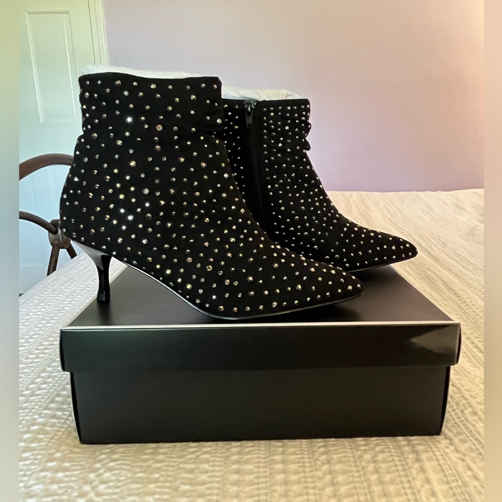 Black rhinestone suede boots